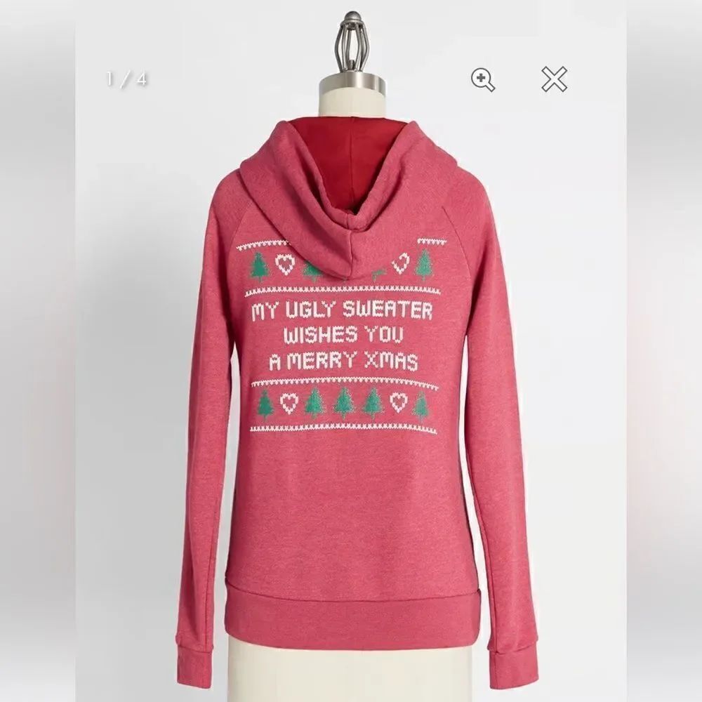 Modcloth Next Level Love My Ugly Christmas Sweater Zip Hoodie Sweatahirt Red L